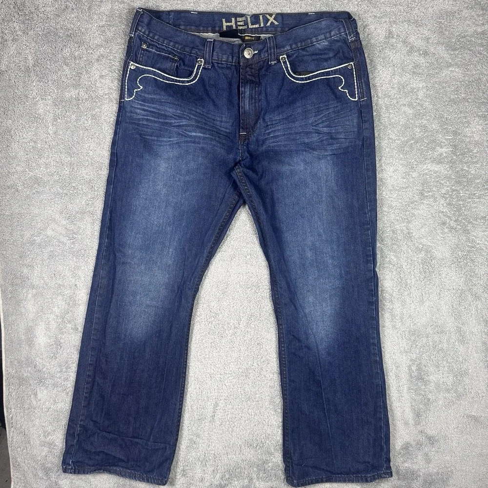 Helix Jeans Mens 38x30 Bootcut Embroidered Flames Cross Y2K Grunge Baggy